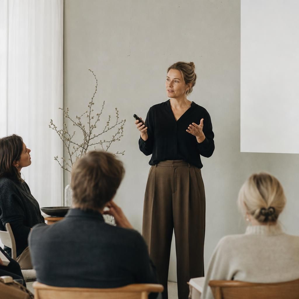 En instruktör leder en grupp i ett ljust rum