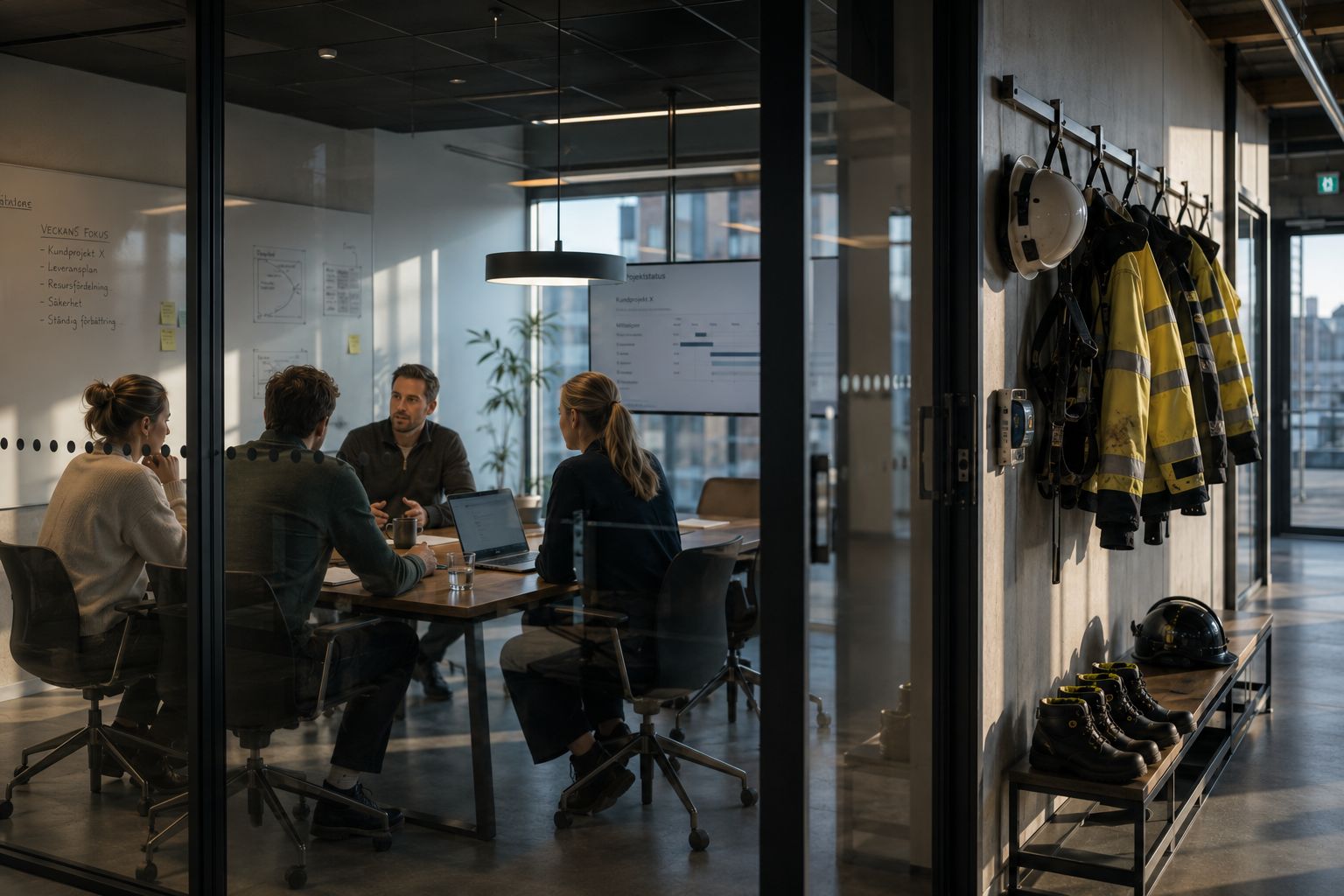 Ett team i diskussion i ett mötesrum med glasväggar